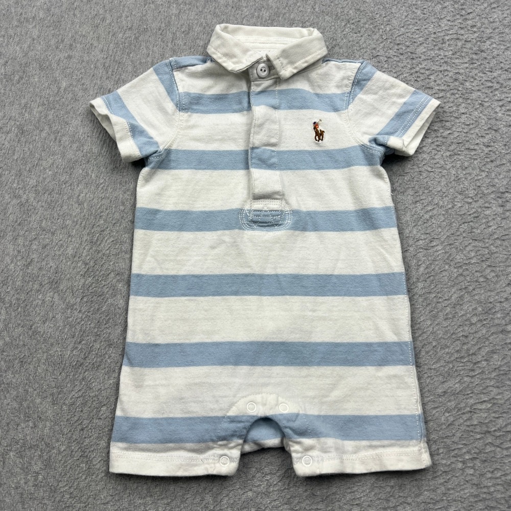 Ralph Lauren Rugby Romper Baby 3M Blue White Stripe Short Sleeve Polo Flesh Pony